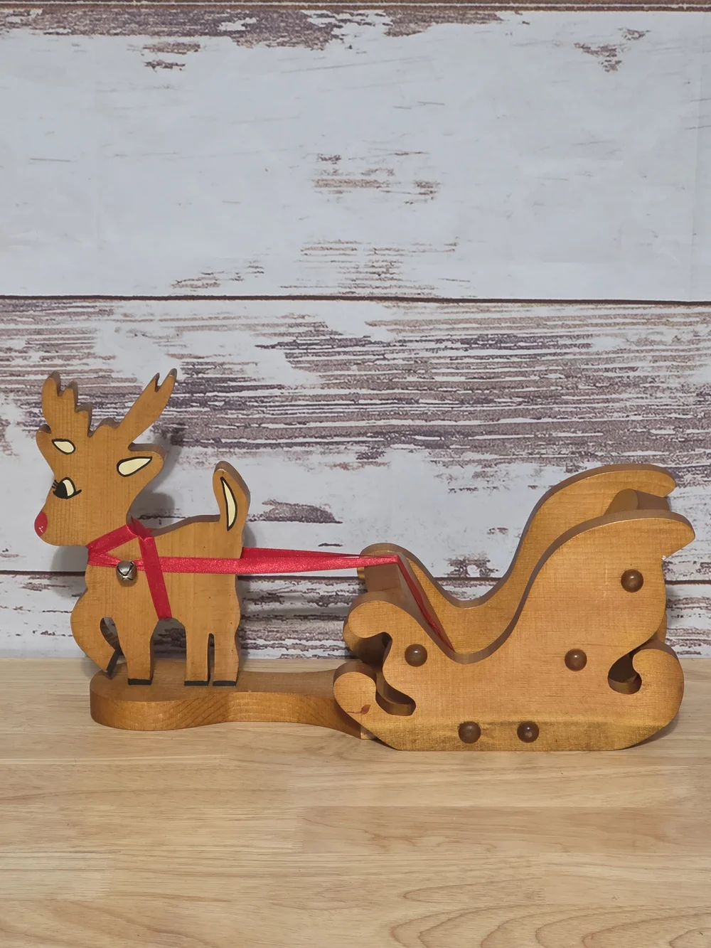 Festive Wooden Reindeer and Sleigh Decoration - Red Ribbon Wooden Reindee